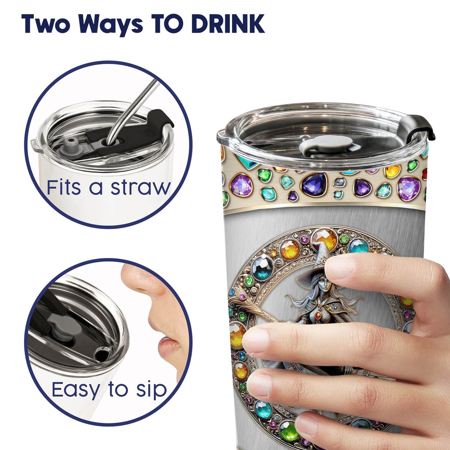 365Gifty personalized witch tumbler with jeweled design showing two ways to drink with straw or sip lid