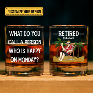 Personalized Whiskey Glass showing two filled glasses one with joke text about Monday and one with retired beach cartoon and name