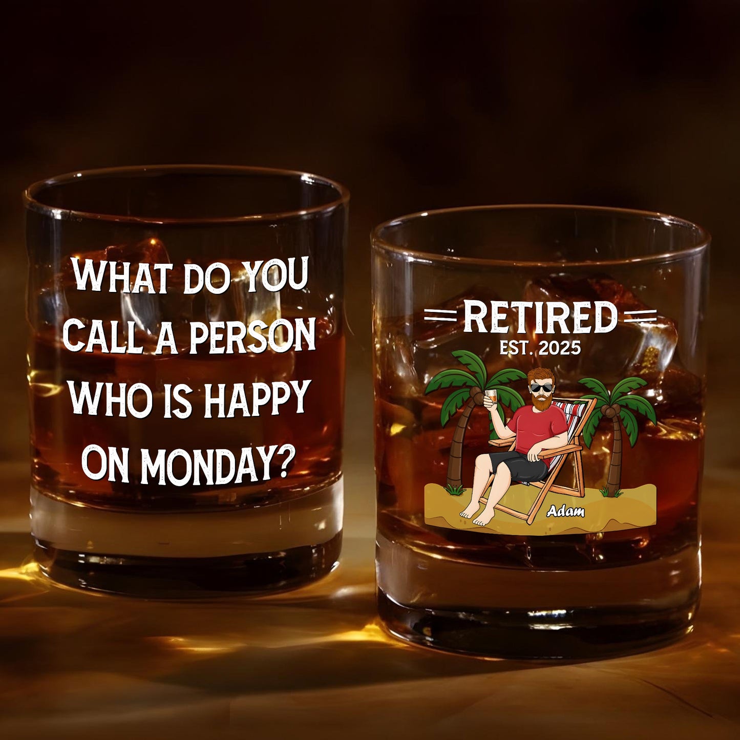 Personalized Whiskey Glass set of two whiskey rocks glasses one with retired palm tree design and one with funny Monday quote