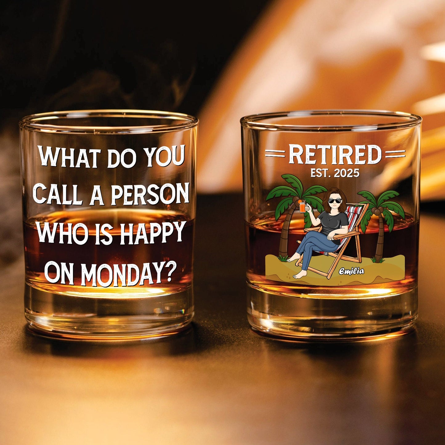 Personalized Whiskey Glass set showing two rocks glasses one with retirement island design and one with funny Monday joke