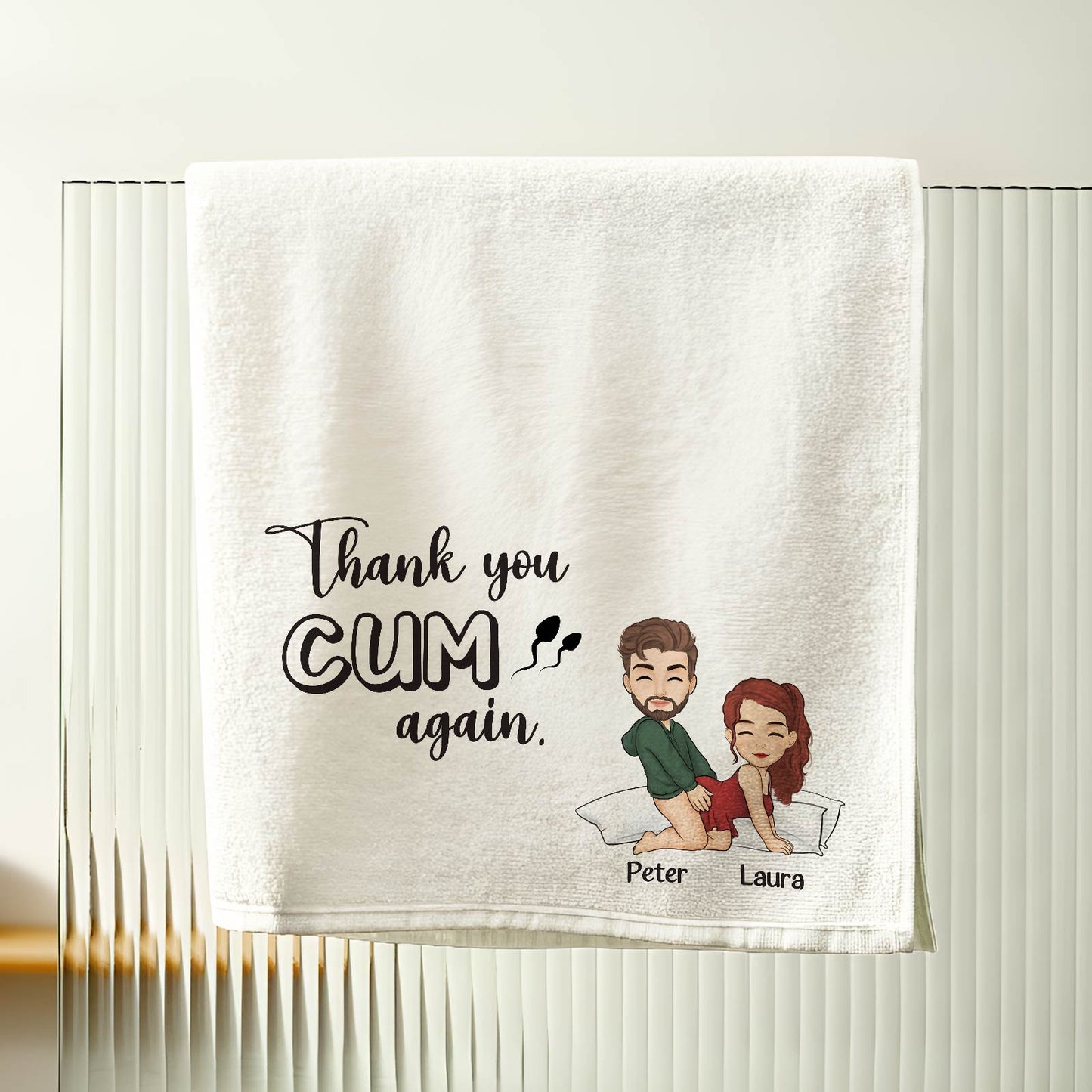 Personalized Beach Towel white cotton towel with cheeky couple caricature and custom names Peter and Laura