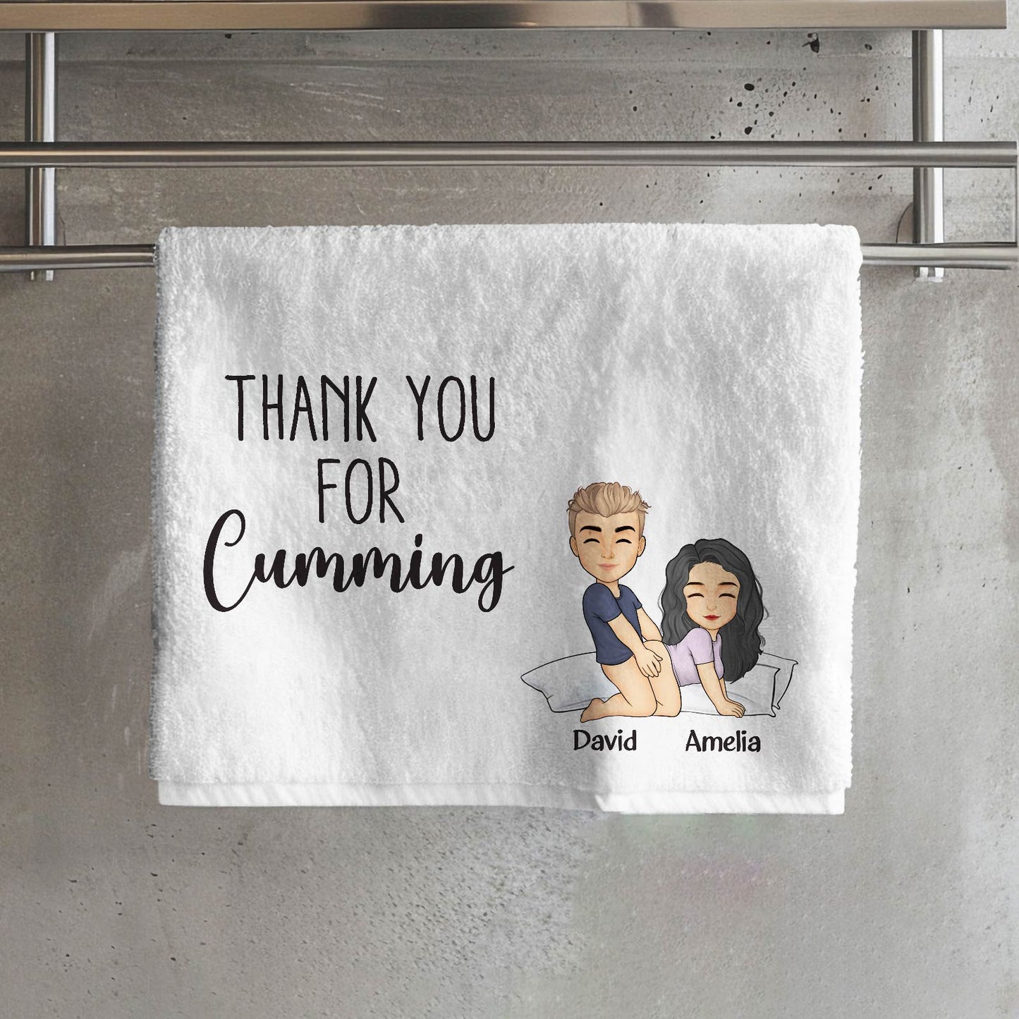 Personalized Beach Towel white towel with cheeky cartoon couple and text Thank you for Cumming with names David and Amelia
