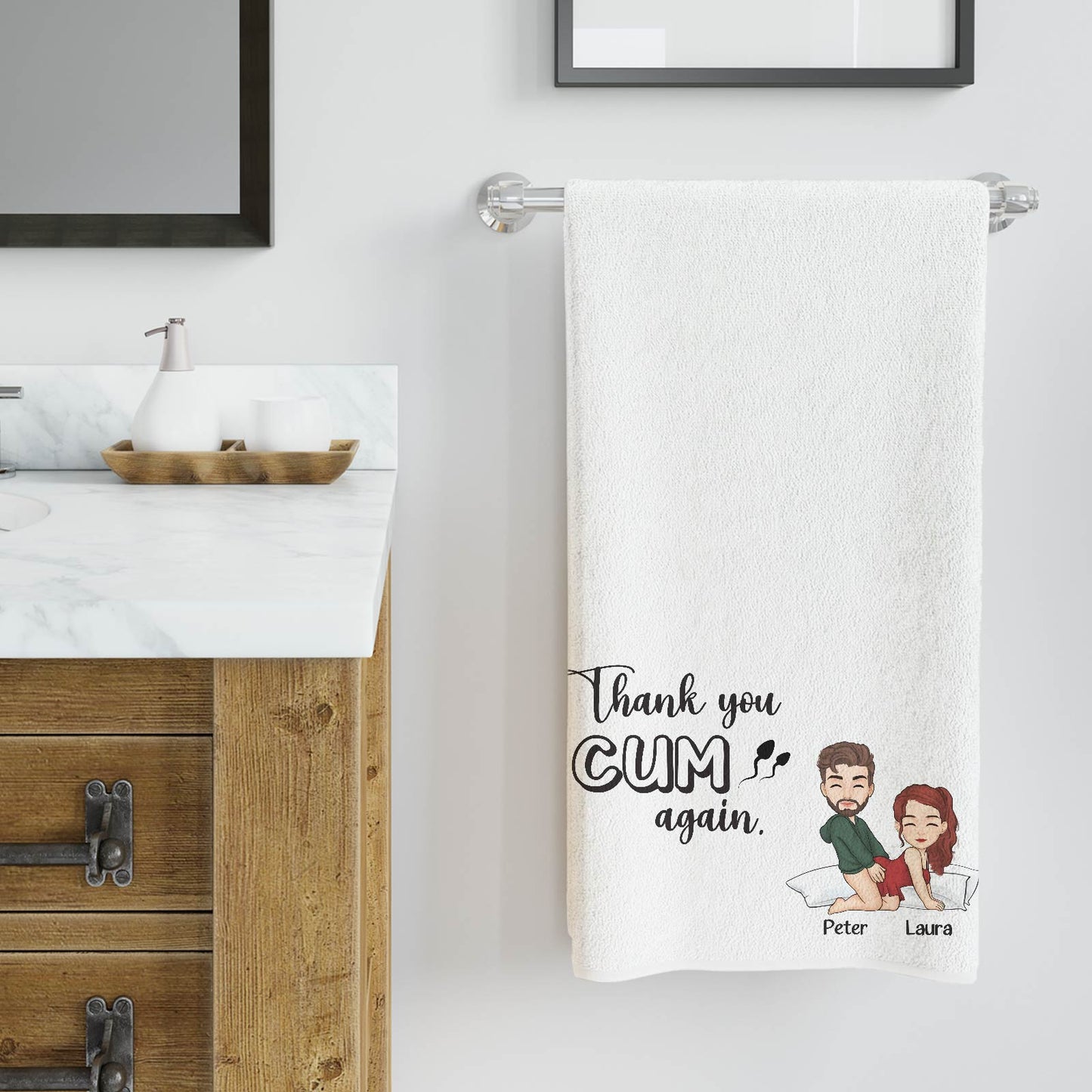 Personalized Beach Towel white towel with custom caricature couple and cheeky text Thank you CUM again Peter and Laura