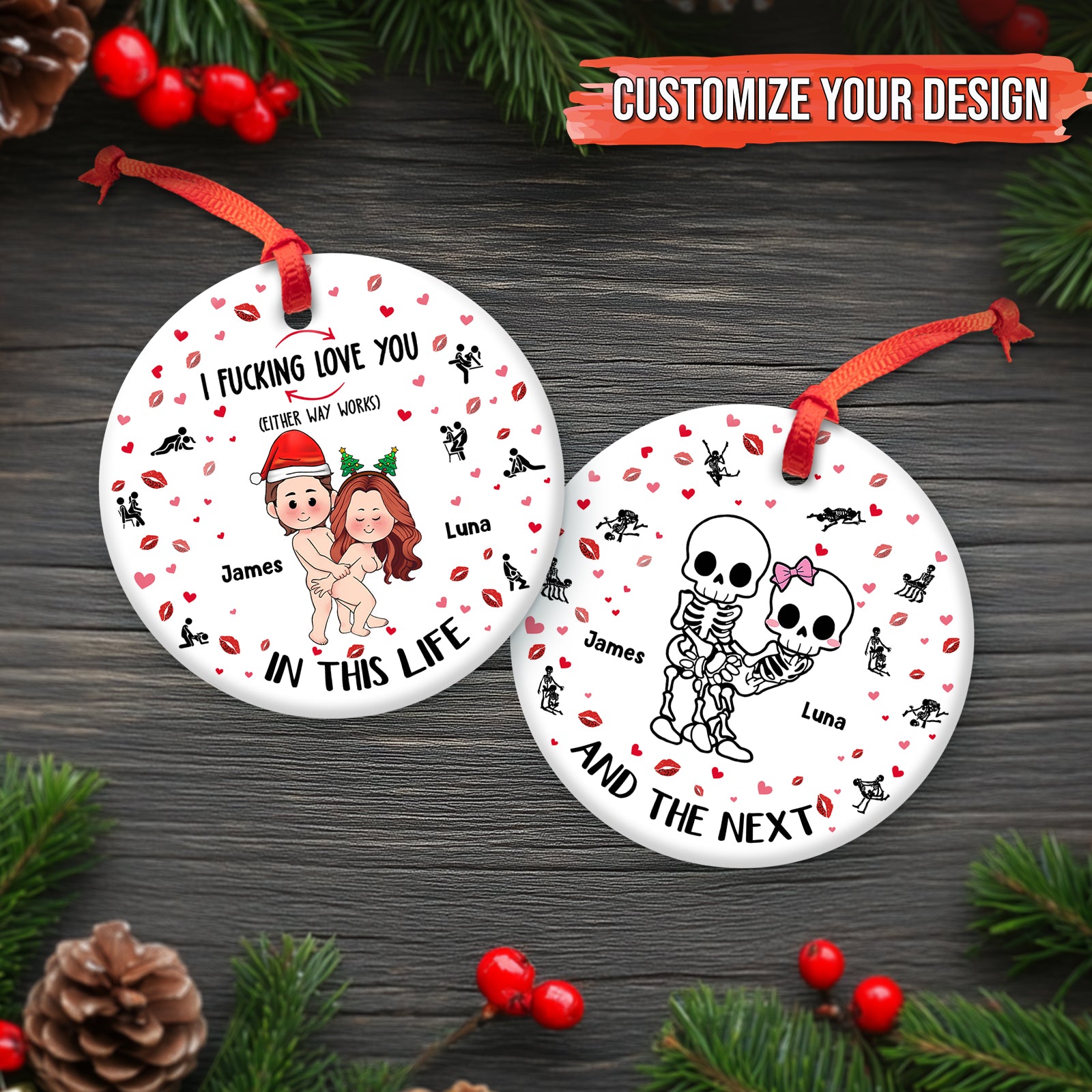 365Gifty personalized couple ornament two round white Christmas ornaments with cartoon couple and skeleton design and red ribbon