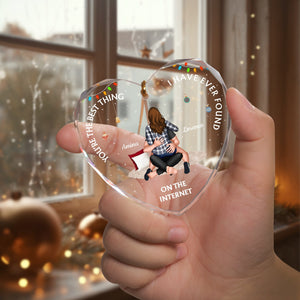 Hand holding a personalized couple ornament heart shaped with custom names and romantic design by 365Gifty