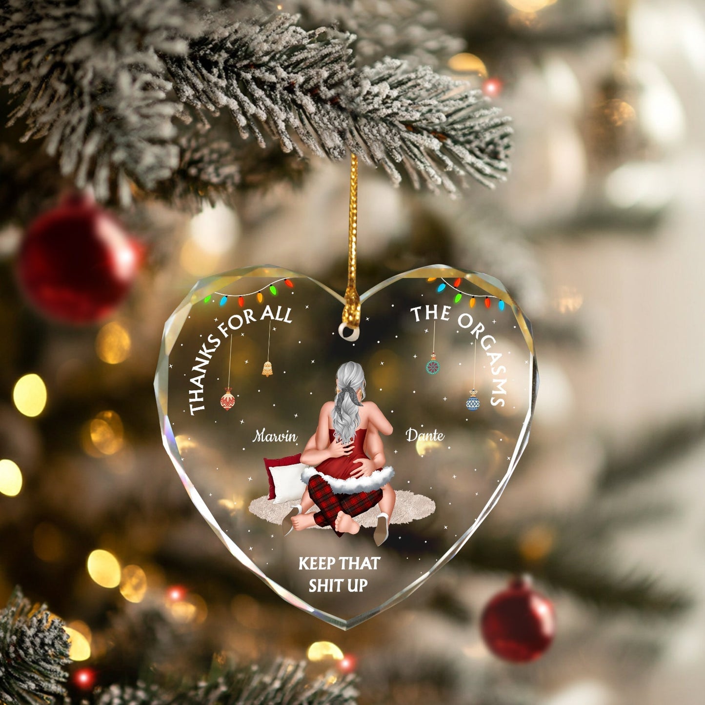 365Gifty personalized couple ornament heart-shaped with holiday lights and couple illustration