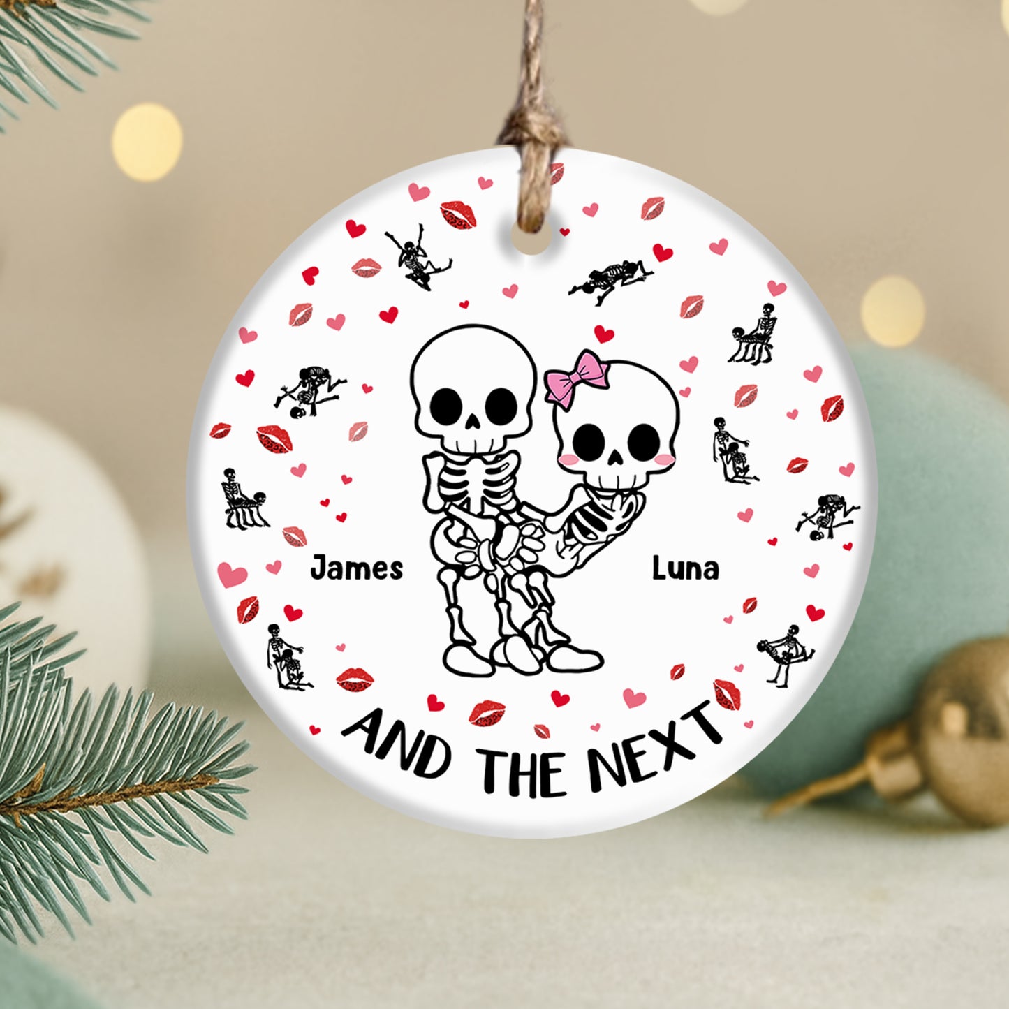 365Gifty personalized couple ornament white ceramic skeleton couple with names James and Luna surrounded by hearts and kisses