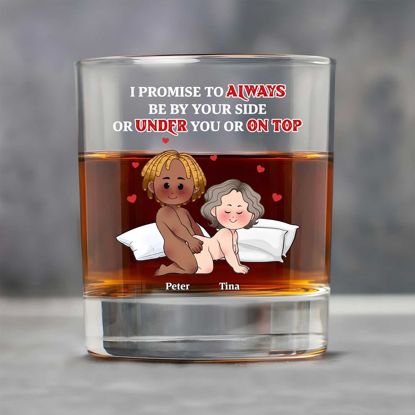 personalized couple whiskey glass showing cartoon couple in bed with promise text ideal romantic anniversary gift