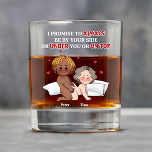 personalized couple whiskey glass showing cartoon couple in bed with promise text ideal romantic anniversary gift