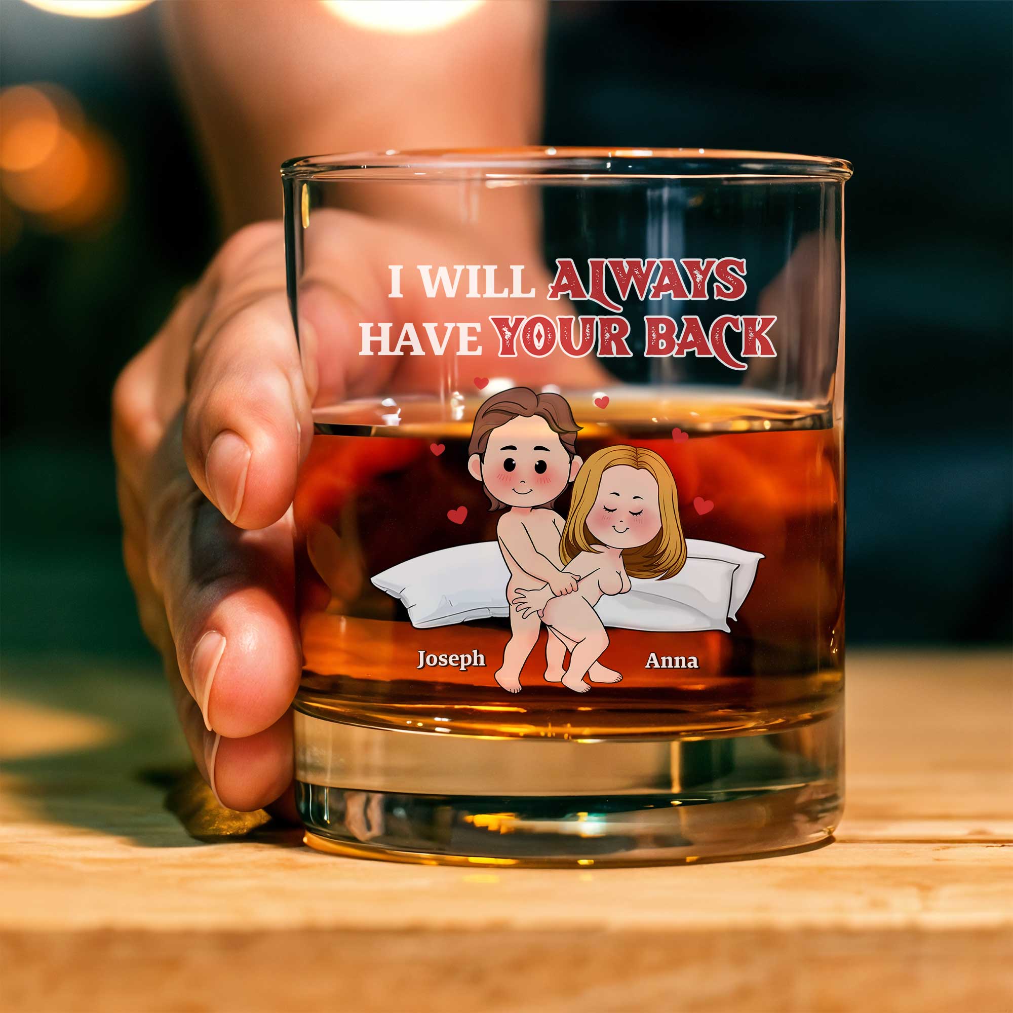 365Gifty personalized couple whiskey glass showing cartoon couple and I will always have your back text with custom names