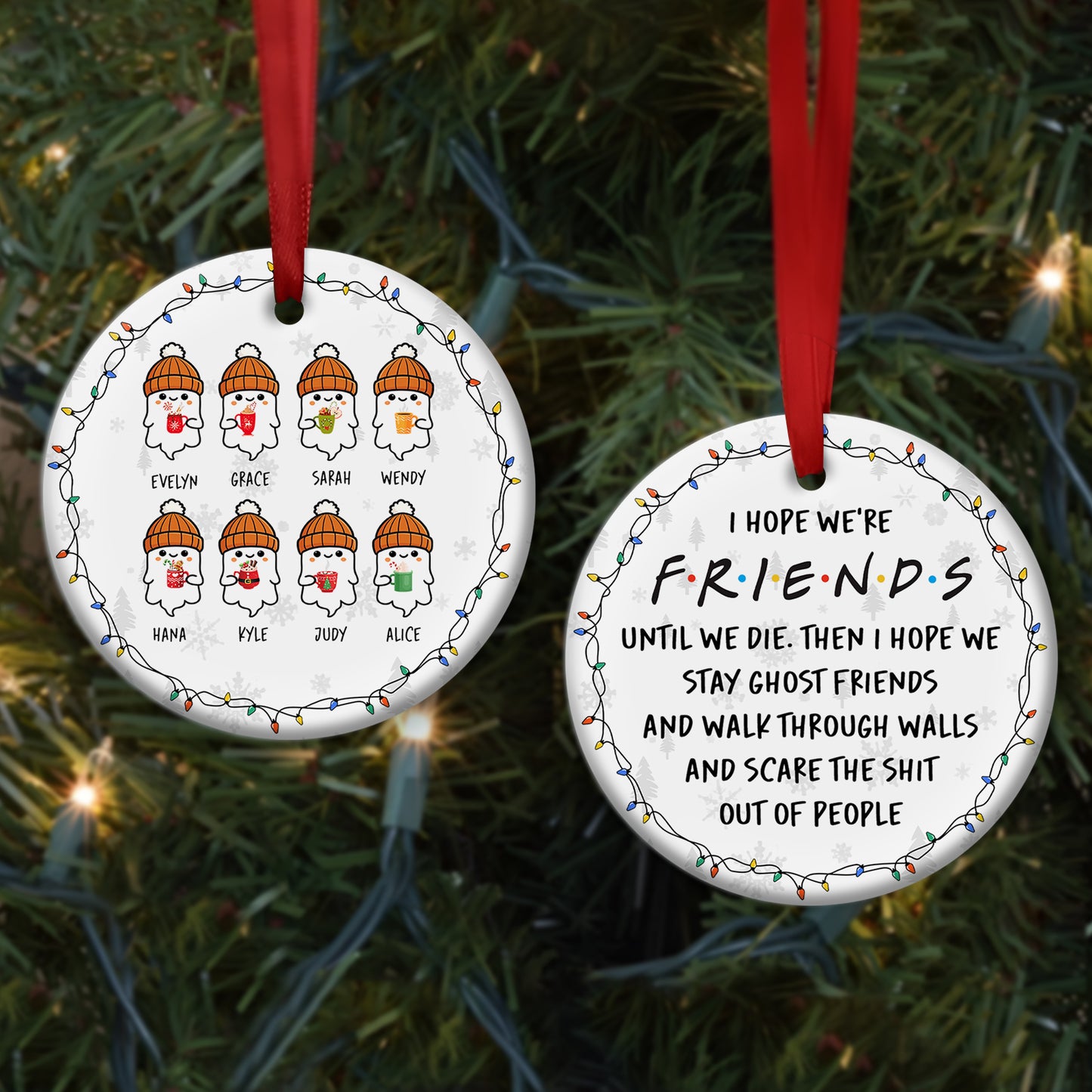 personalized funny ghost Christmas ornament wooden Partners in Crime plaque with two cartoon women named Jessica and Stacey