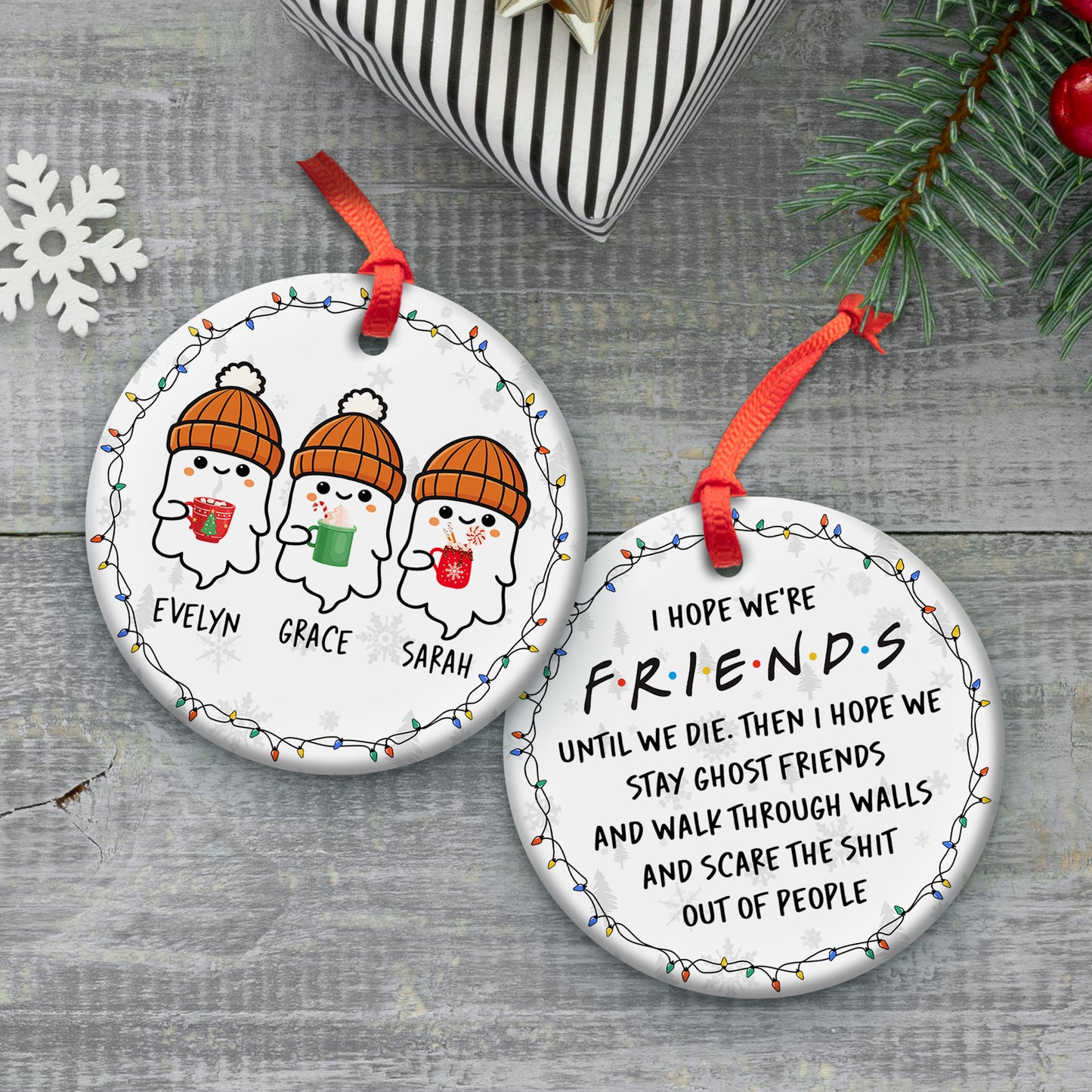 personalized funny ghost Christmas ornament with three ghosts in orange hats names Evelyn Grace Sarah and witty Friends quote