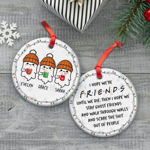 personalized funny ghost Christmas ornament with three ghosts in orange hats names Evelyn Grace Sarah and witty Friends quote