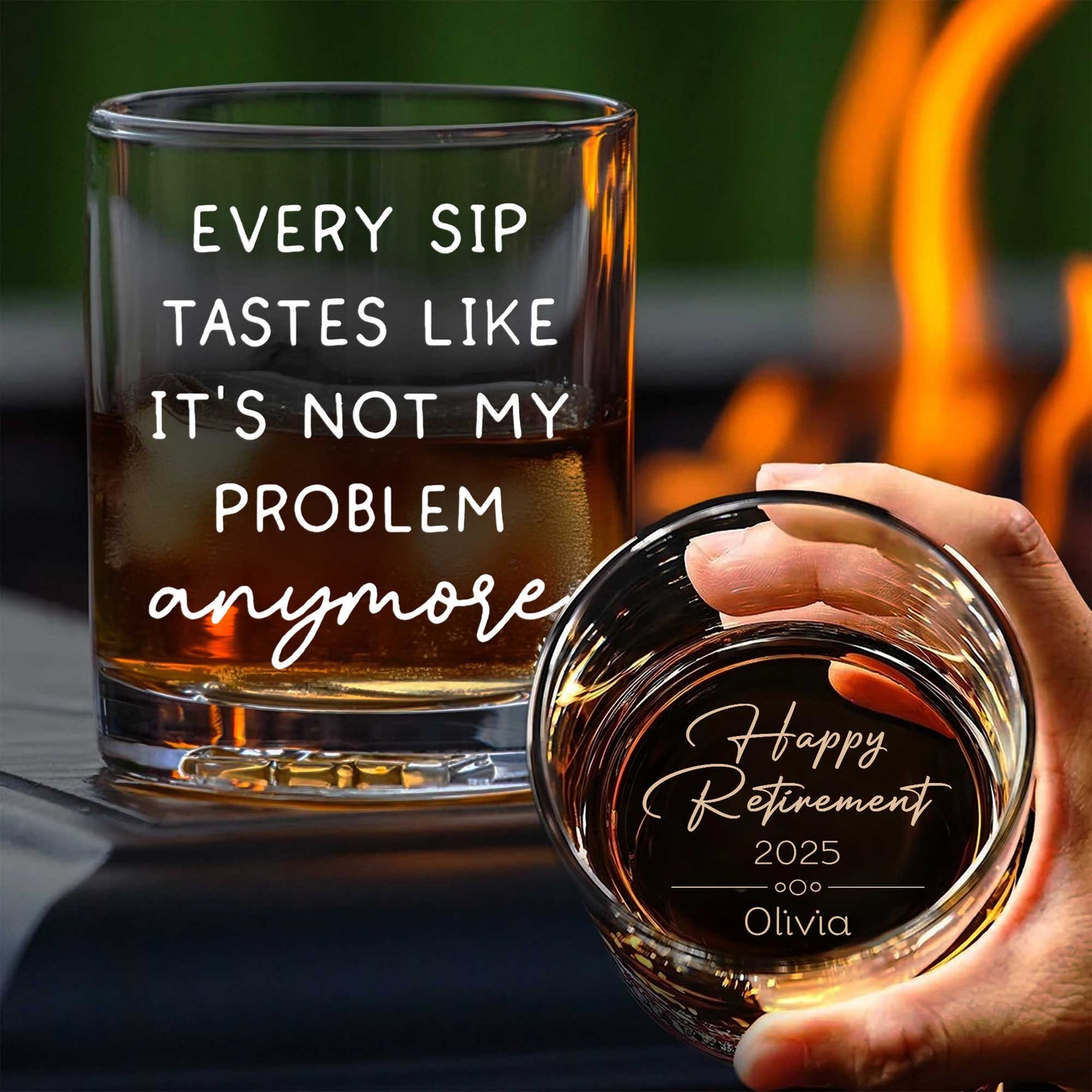 personalized retirement whiskey glass engraved with Every sip tastes like its not my problem anymore and Happy Retirement 2025