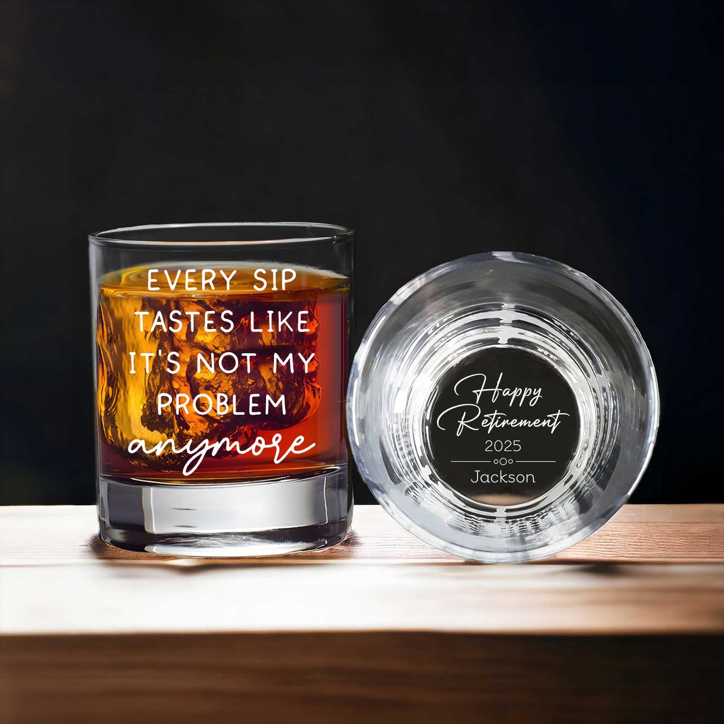365Gifty personalized retirement whiskey glass set with engraved funny quote on filled glass and Happy Retirement bottom engraving