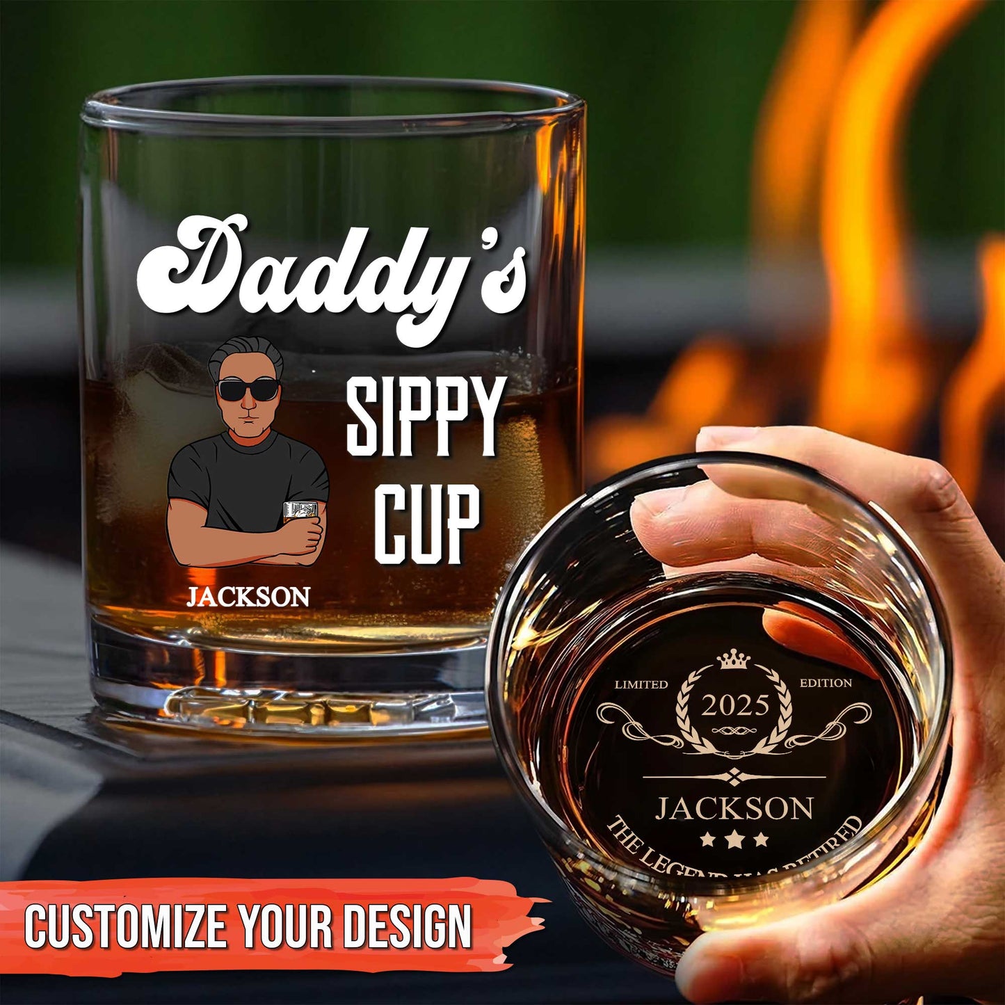 Personalized Whiskey Glass engraved with Daddys Sippy Cup cartoon design and custom name Jackson with 2025 crest