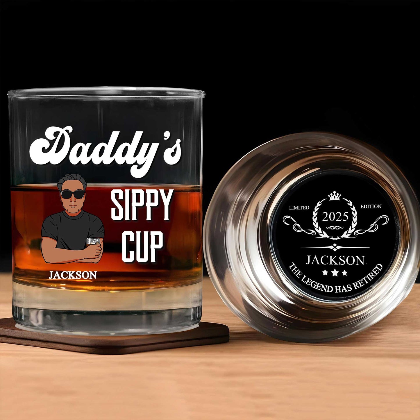 Personalized Whiskey Glass set showing Daddys Sippy Cup design with Jackson name and engraved 2025 retirement emblem