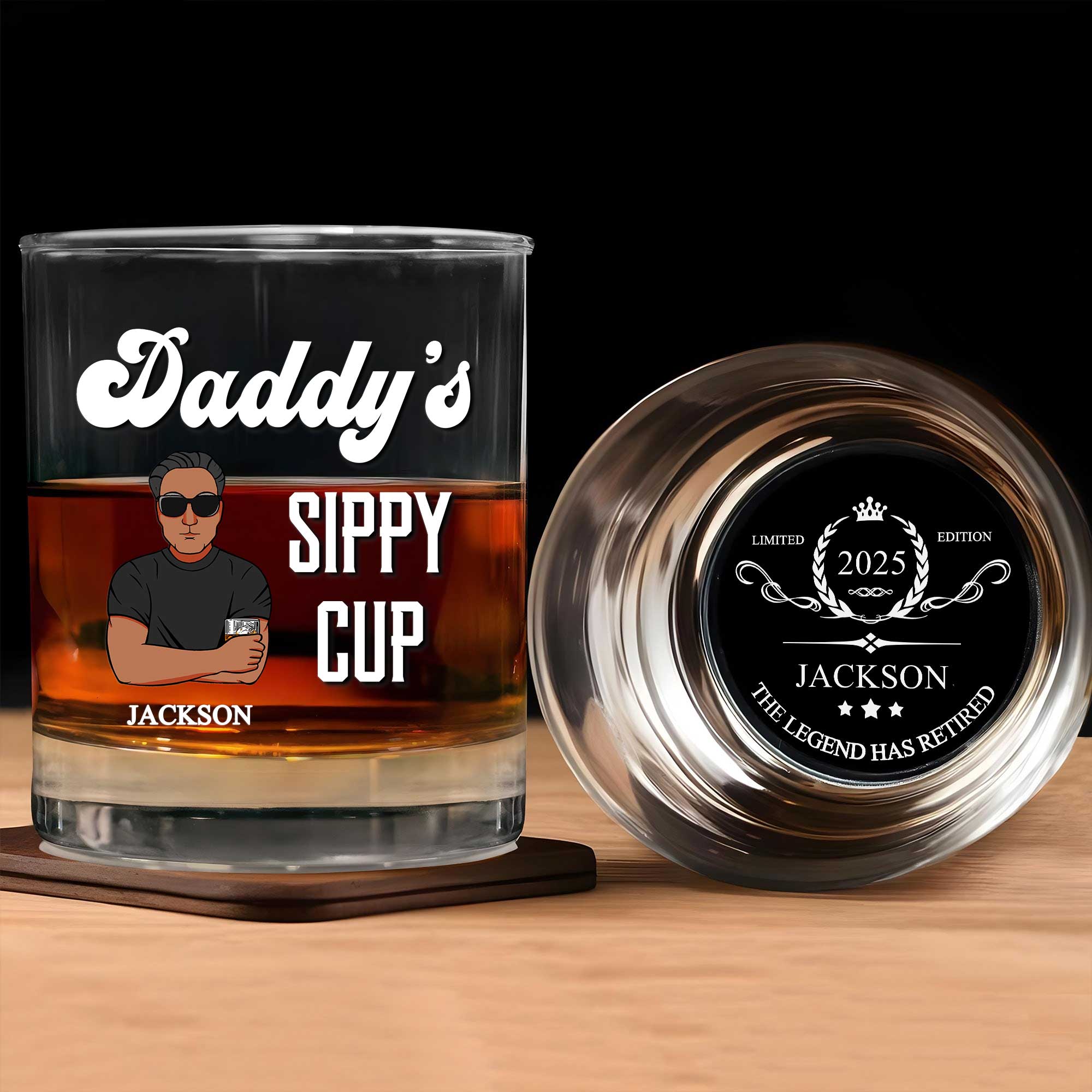 Personalized Whiskey Glass set showing Daddys Sippy Cup design with Jackson name and engraved 2025 retirement emblem