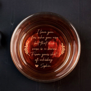 Top view of 365Gifty Personalized Whiskey Glass with amber whiskey and engraved romantic message at base