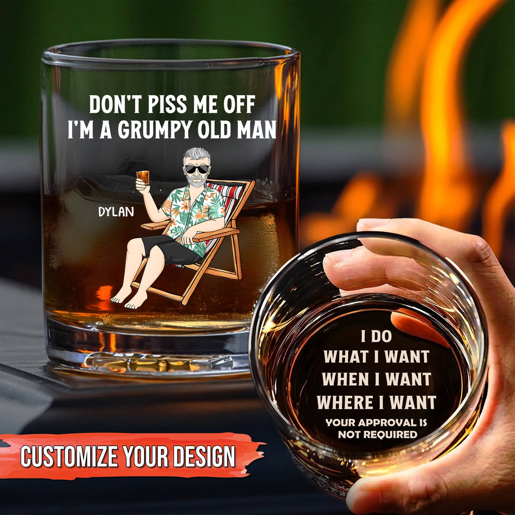 Personalized Whiskey Glass showing grumpy old man cartoon with name Dylan and bold bottom message for humorous gift