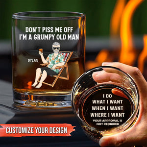 Personalized Whiskey Glass showing grumpy old man cartoon with name Dylan and bold bottom message for humorous gift