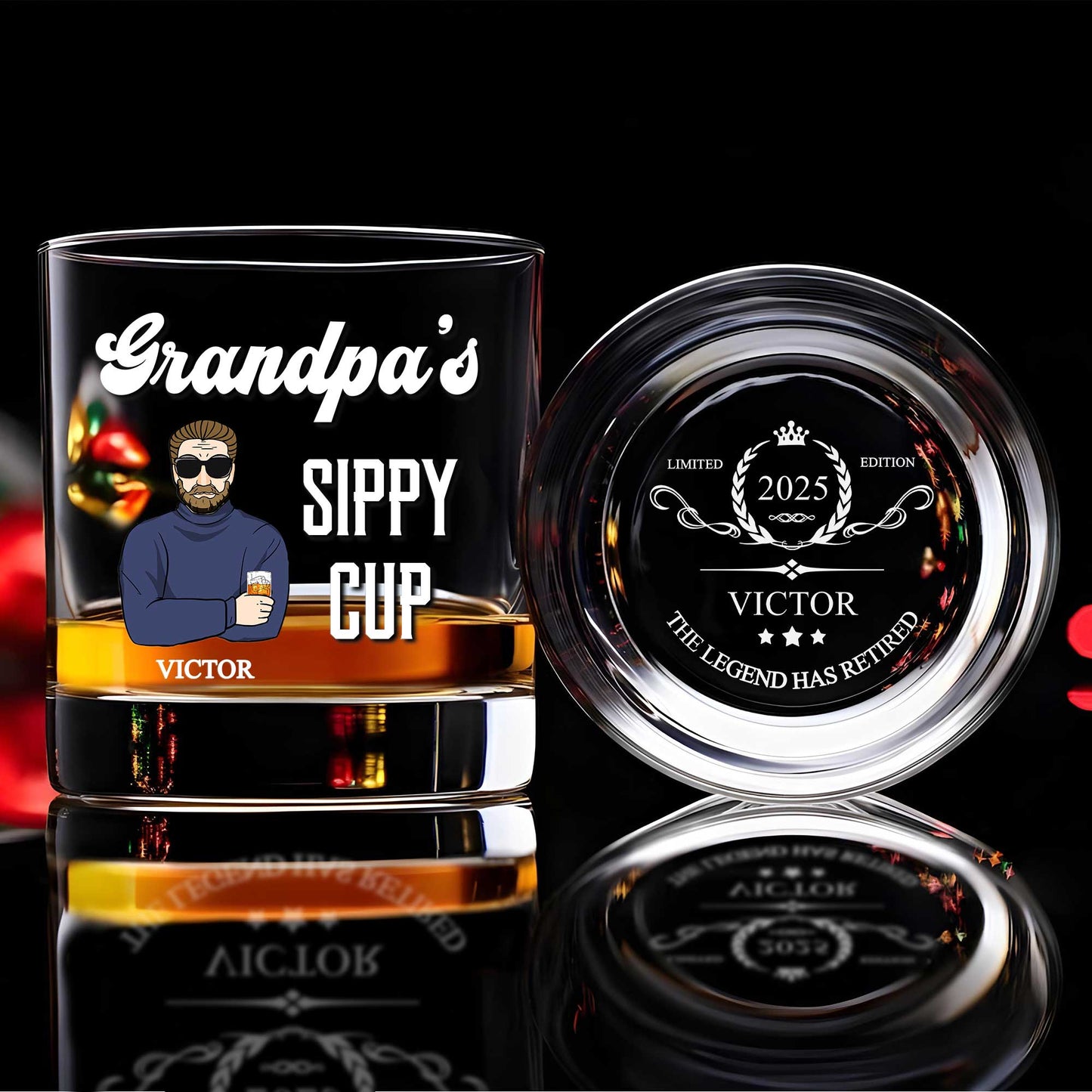 Personalized Whiskey Glass with Grandpas Sippy Cup cartoon and engraved limited edition 2025 Victor base