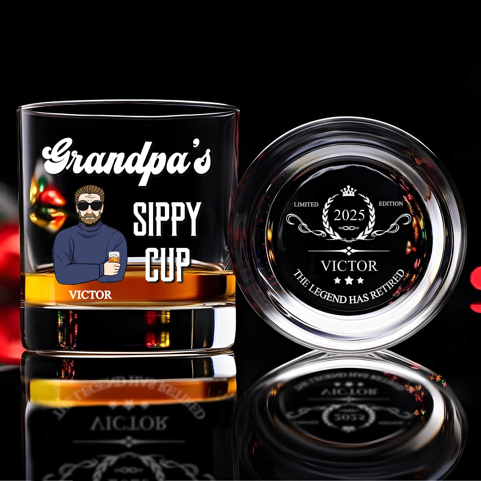 Personalized Whiskey Glass with Grandpas Sippy Cup cartoon and engraved limited edition 2025 Victor base