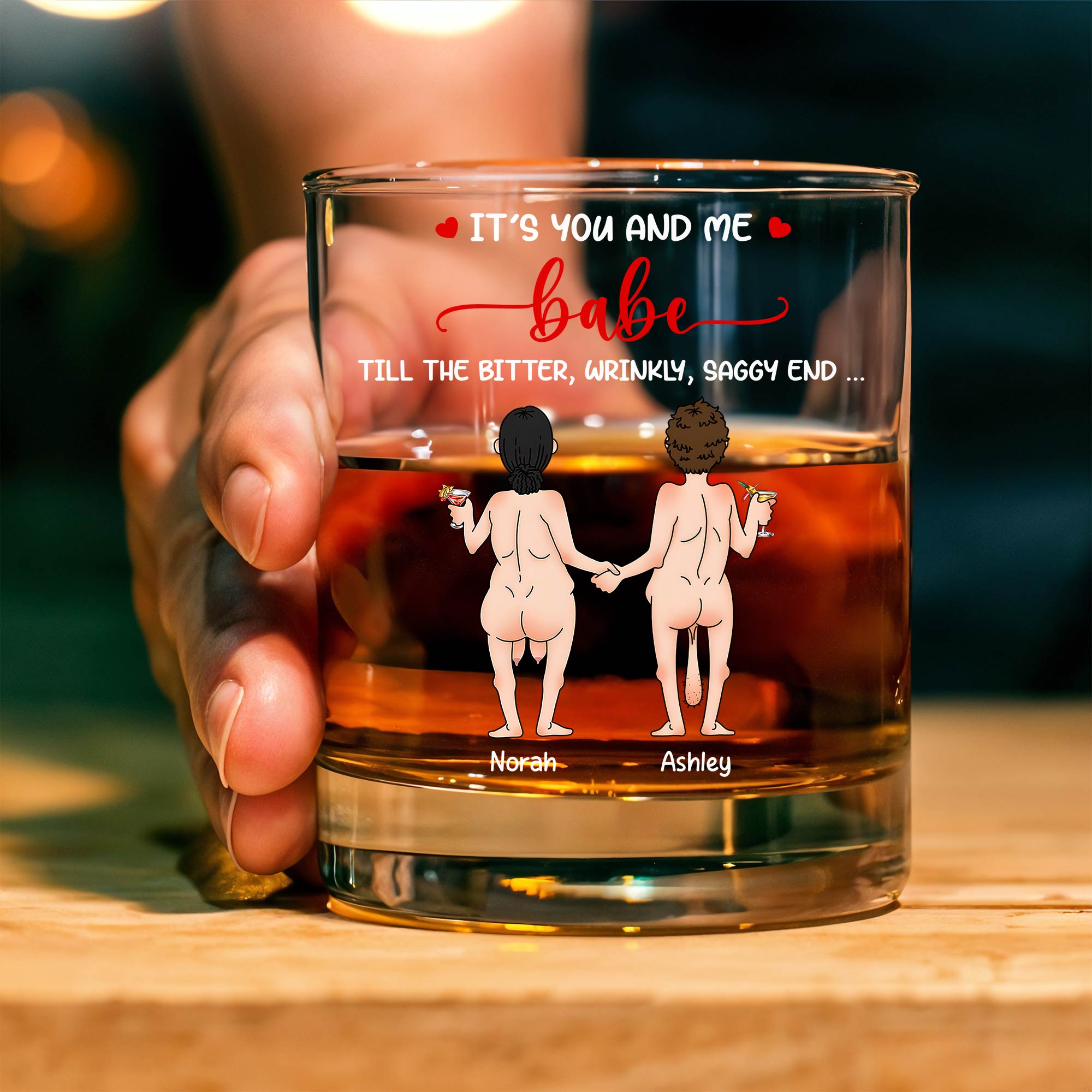 Personalized Whiskey Glass with cartoon couple holding hands back view and custom names Norah Ashley