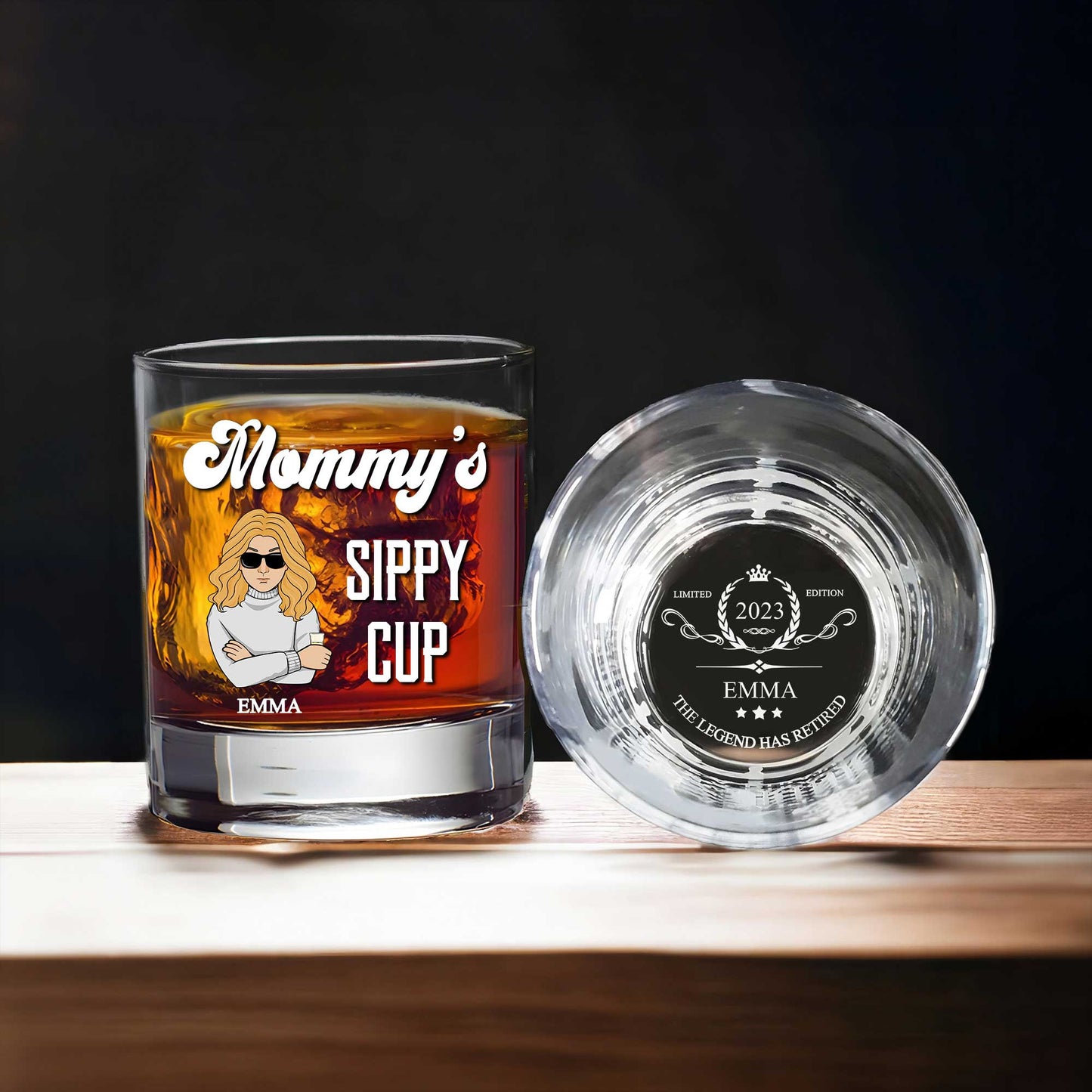 Personalized Whiskey Glass set with Mommys Sippy Cup cartoon design and engraved name Emma