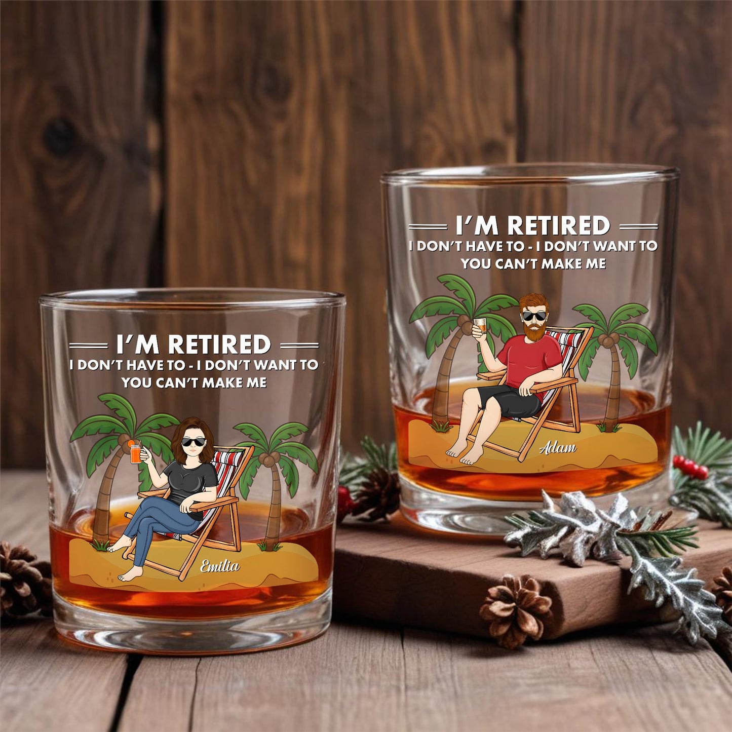 Personalized Whiskey Glass set with retired man and woman beach scene palm trees and funny retired quote