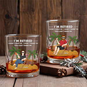 Personalized Whiskey Glass set with retired man and woman beach scene palm trees and funny retired quote