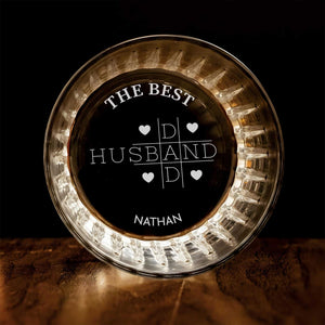 Personalized Whiskey Glass bottom view engraved The Best Husband with hearts and Nathan name