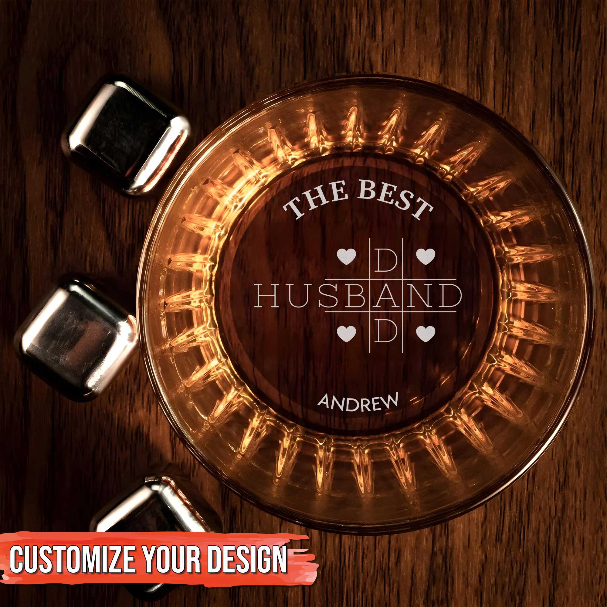 Personalized Whiskey Glass with engraved The Best Husband design and name Andrew whiskey stones on wood