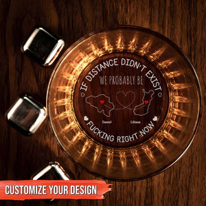 Personalized Whiskey Glass top view with engraved long distance couple map heart names and whiskey stones