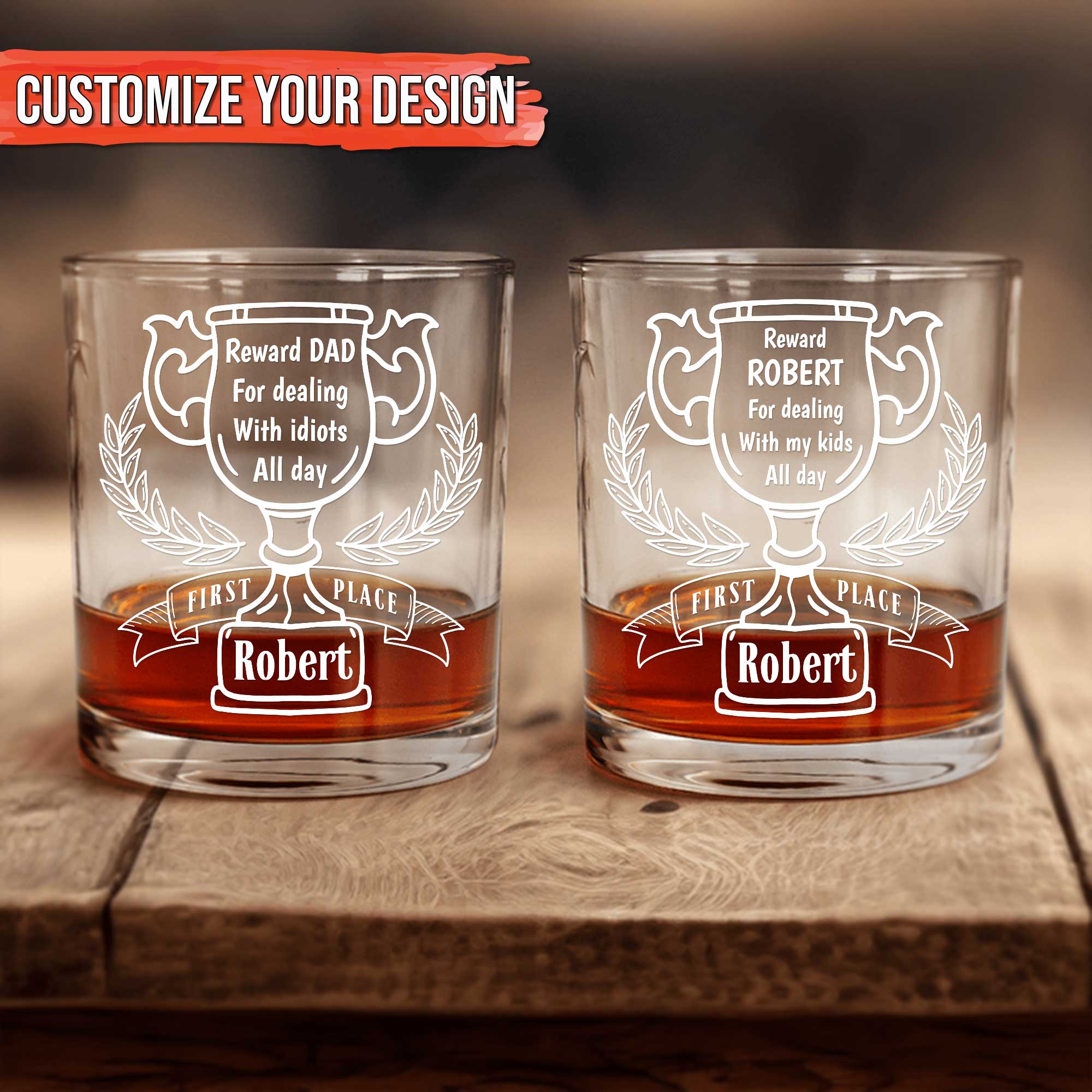 Pair of personalized whiskey glasses with trophy engraving and name plate reward dad gift idea custom glass for fathers