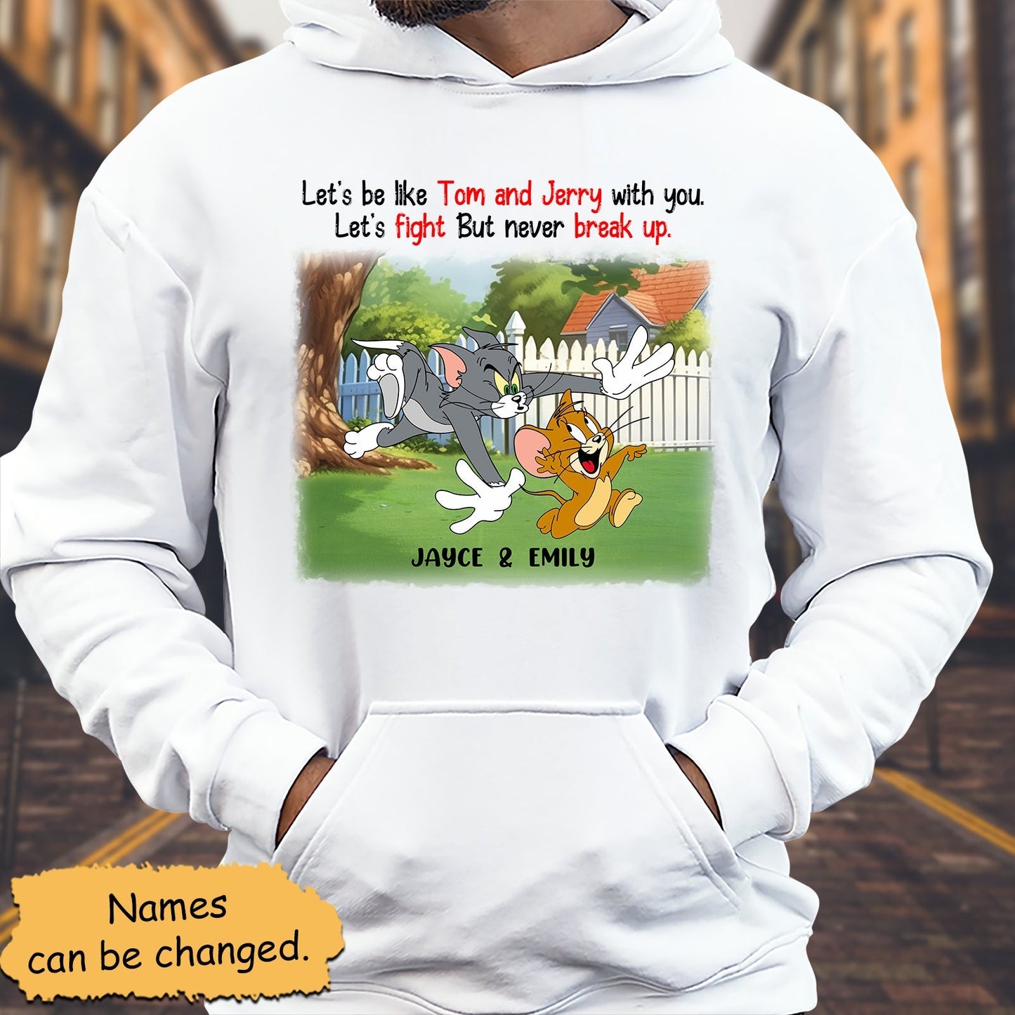 365Gifty customizable cartoon friendship apparel white hoodie with Tom and Jerry design and personalized names