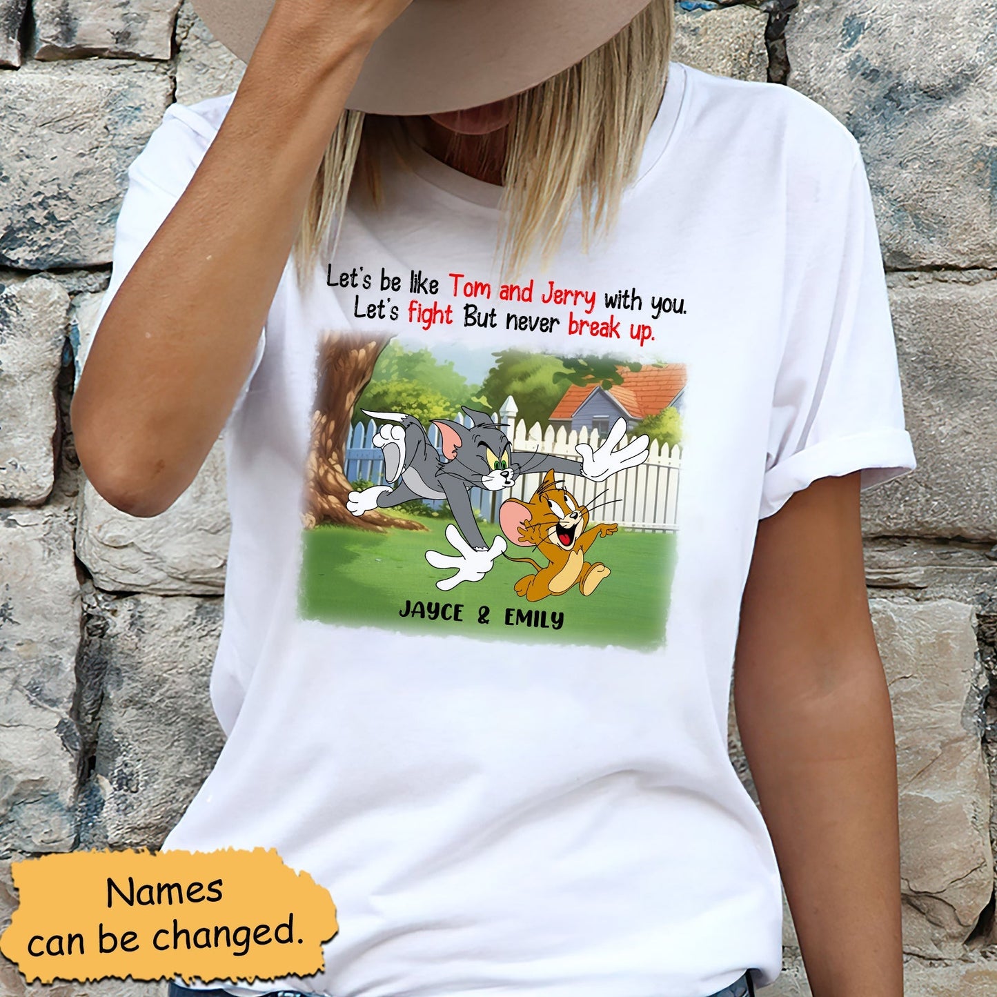 White customizable cartoon friendship apparel t-shirt featuring Tom and Jerry design with personalized names Jayce and Emily