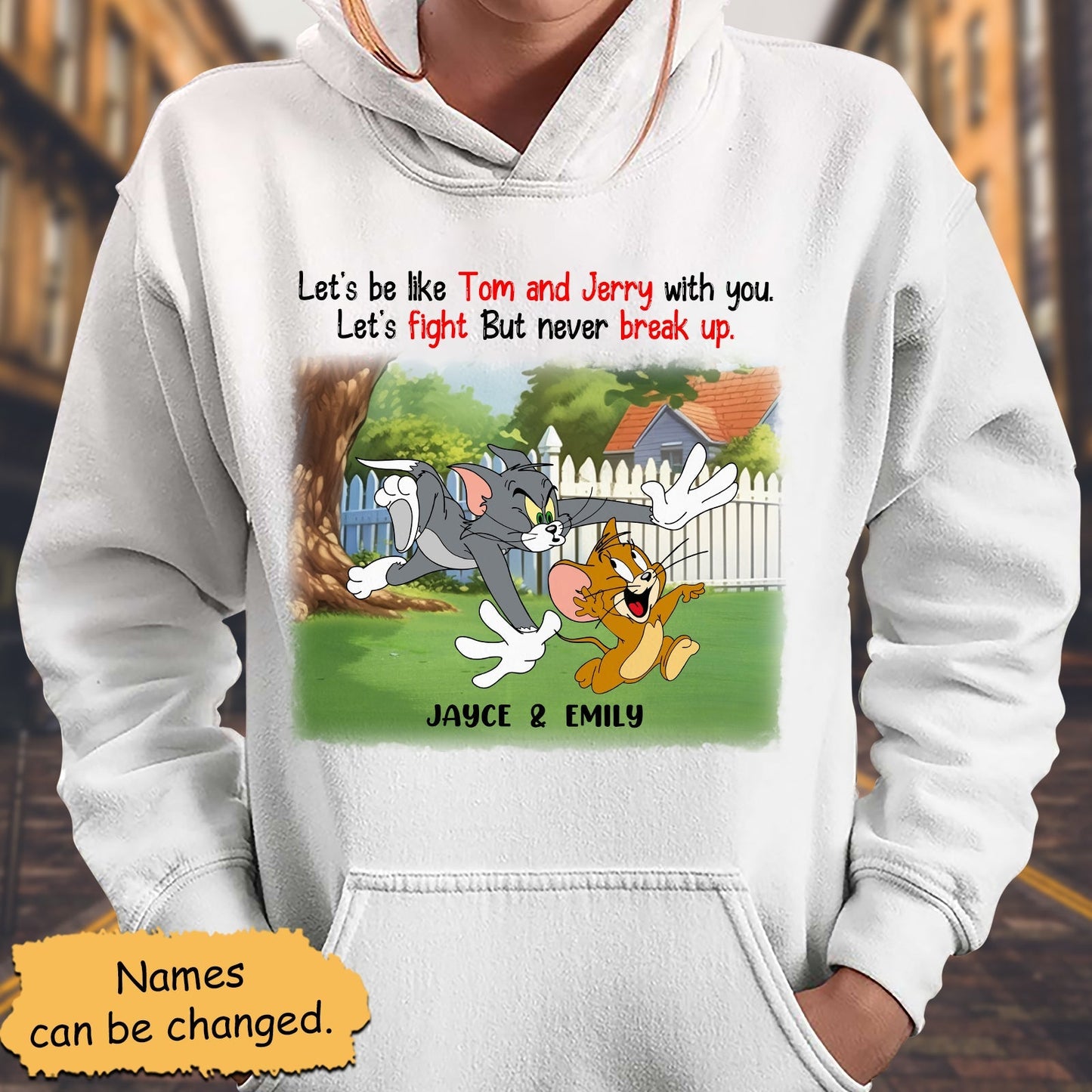 365Gifty customizable cartoon friendship apparel white hoodie featuring Tom and Jerry with personalized names Jayce and Emily