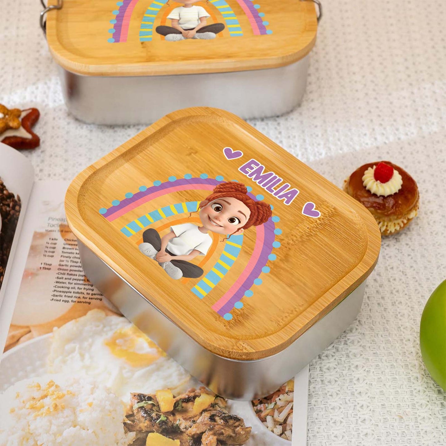 365Gifty Lunch Box for Kids with personalized wooden lid featuring cartoon girl and colorful rainbow