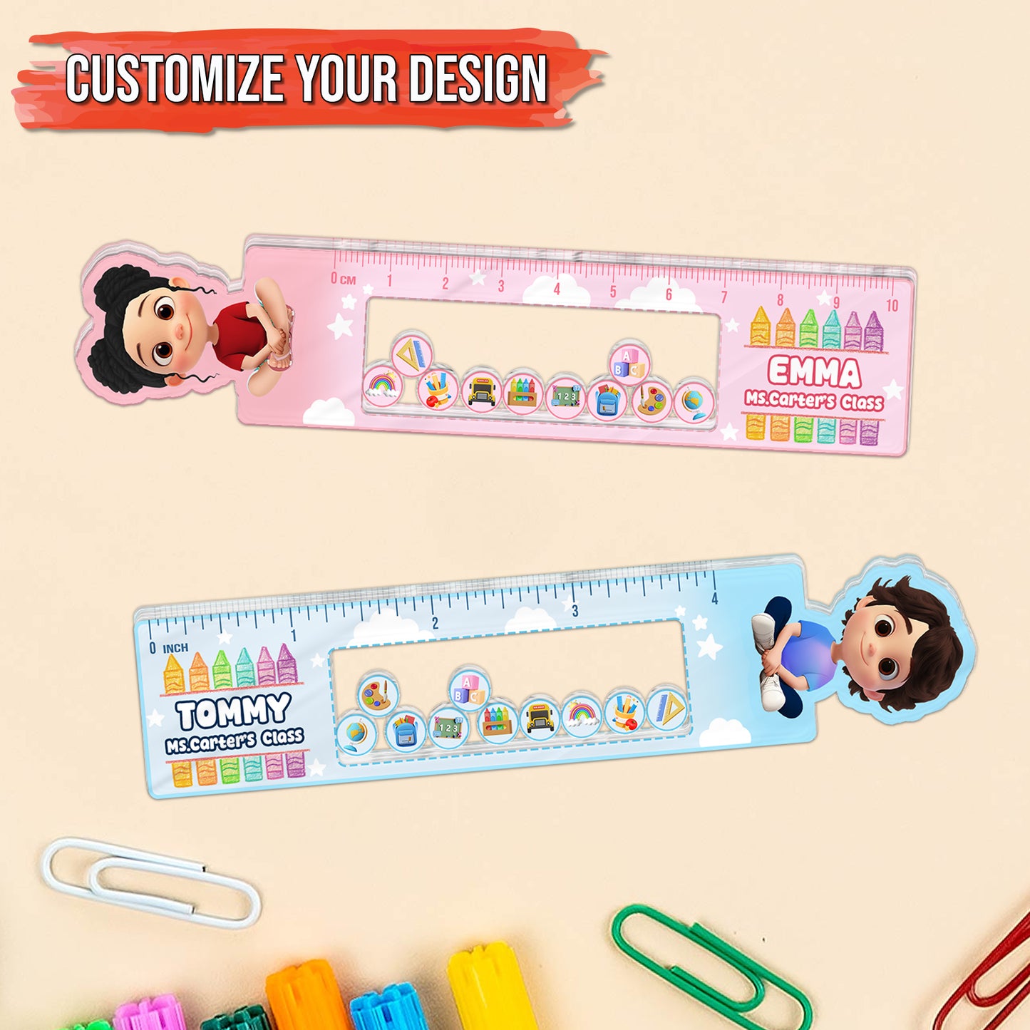 Personalized pink and blue Shaking Ruler For Kids with cartoon characters and classroom theme by 365Gifty