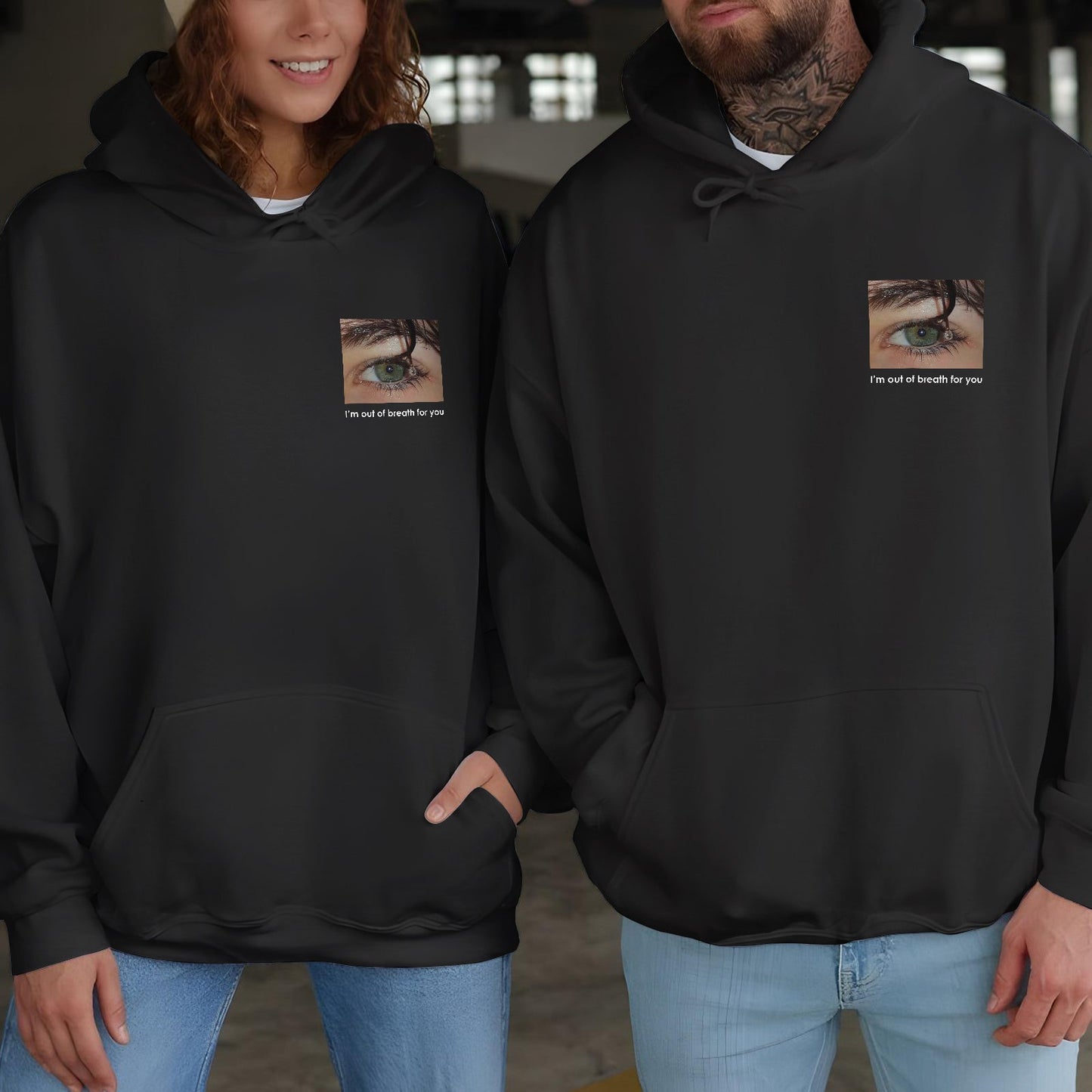 Black hoodies featuring eye print and text design, perfect customized gifts for loved ones from 365Gifty