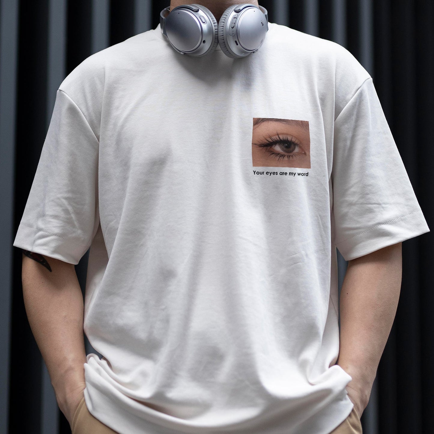 White T-shirt with eye graphic and text Your eyes are my word featuring customized gifts for loved ones