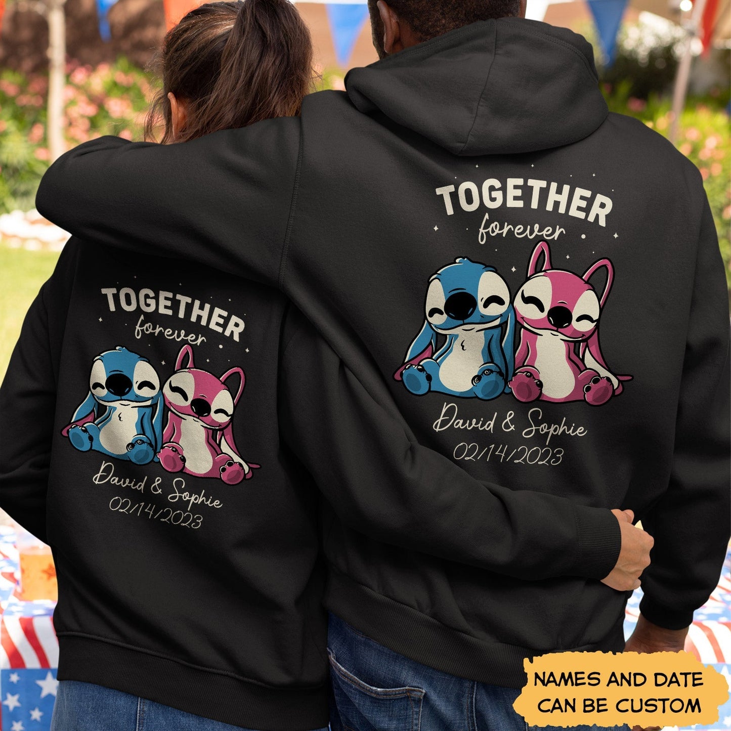 Customized romantic hoodie for couples in black with cute cartoon characters and personalized names and date