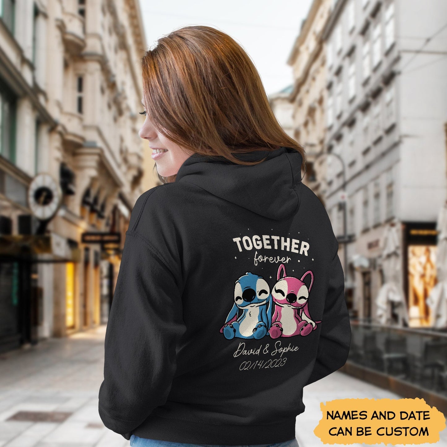 Black customized romantic hoodie for couples with cartoon characters and personalized names and date