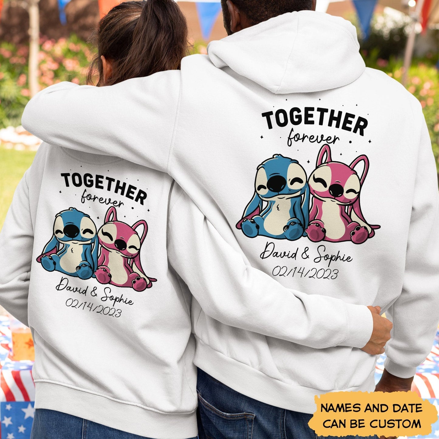 White customized romantic hoodie for couples with cute cartoon characters and personalized names and date