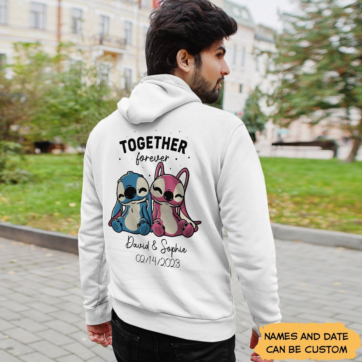 White customized romantic hoodie for couples with cute cartoon design and personalized names and date