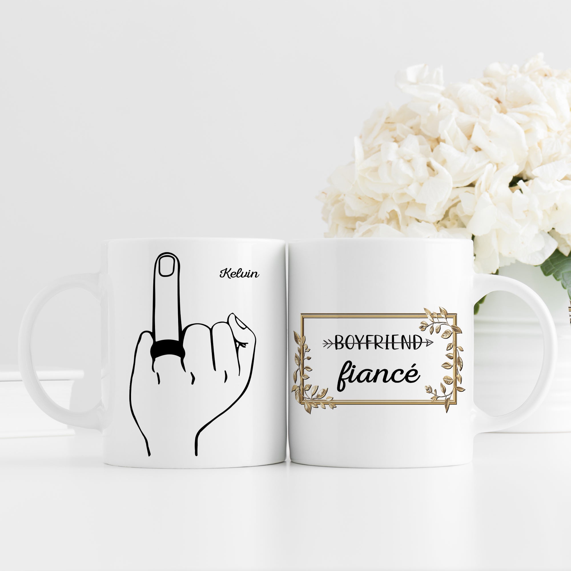 funny personalized boyfriend mug pair two white mugs one with line middle finger and ring and one with gold framed fiance text