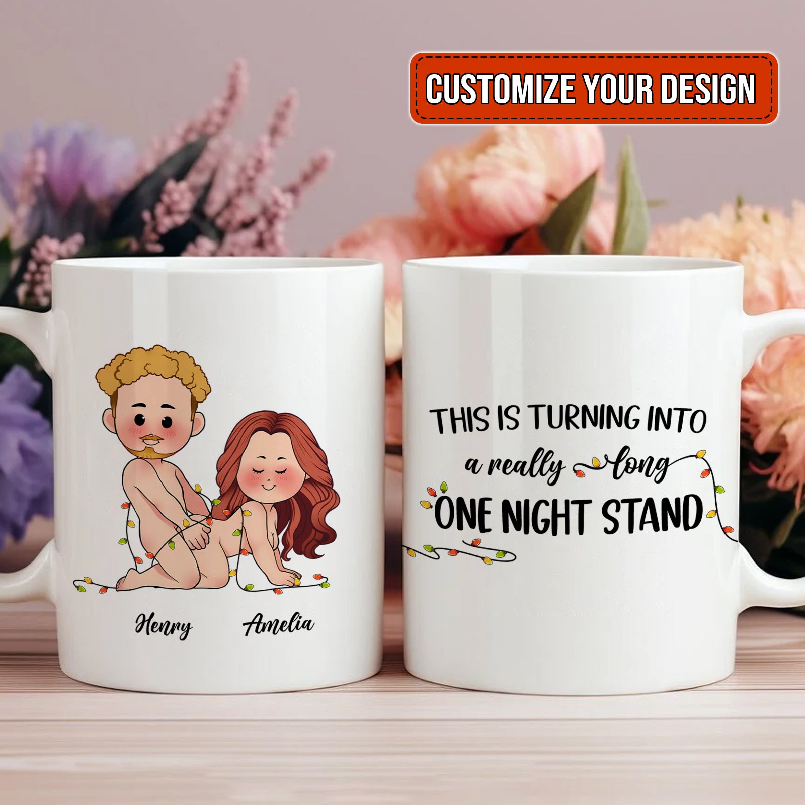 personalized Christmas Mug Gift For Couple white mugs with cartoon couple names and cheeky one night stand text