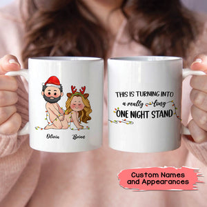 personalized Christmas Mug Gift For Couple with two white mugs cartoon couple wrapped in lights and one night stand text