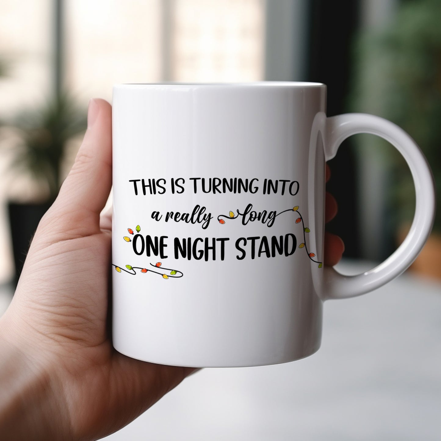 365Gifty personalized Christmas Mug Gift For Couple white ceramic mug held in hand with funny holiday lights text
